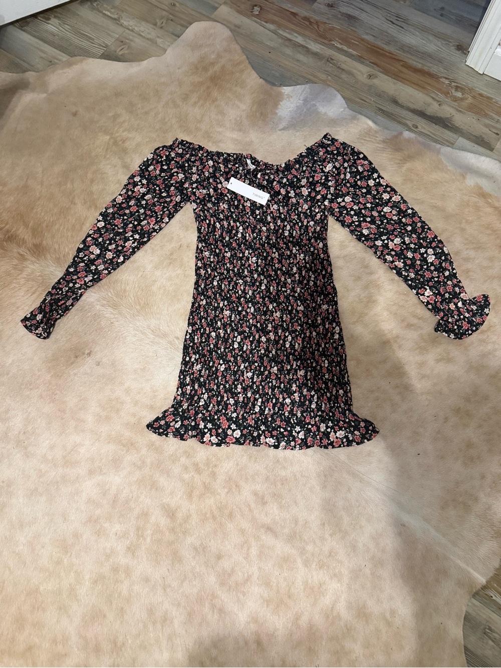 Timing Black Floral Smocked Mini Dress with Pink Blossoms